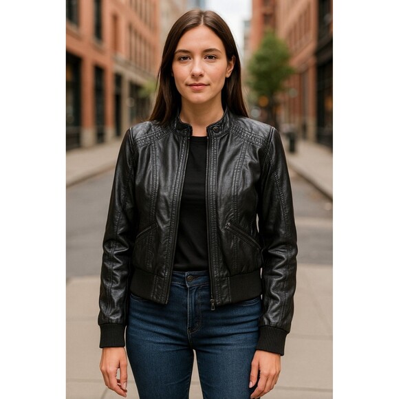 Therapy By Lane Crawfo Womens Black Faux Leather Bomber Jacket Size M Biker - Picture 1 of 8